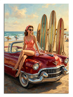 Kırmızı cabrio üstünde mayolu pin-up kız ve sörf tahtaları retro tablo.