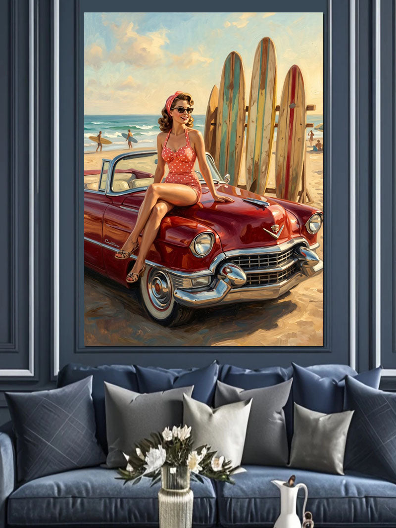 Kırmızı Cabrio Üstünde Pin-Up Plaj Kızı Kanvas Tablo