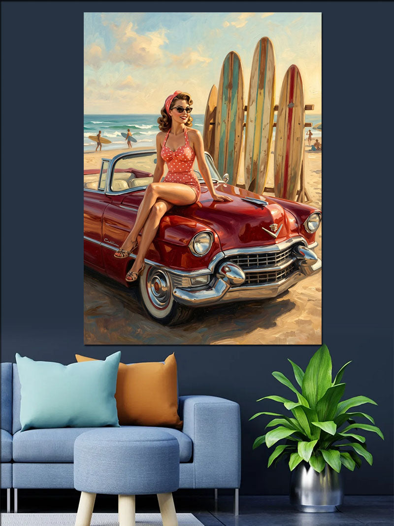 Kırmızı Cabrio Üstünde Pin-Up Plaj Kızı Kanvas Tablo