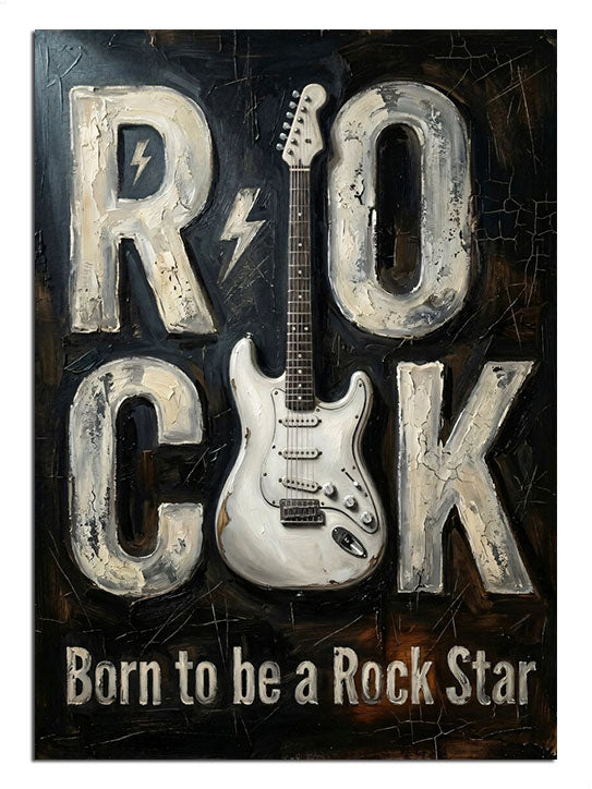 Beyaz elektro gitar ve ROCK Born to be a Rock Star yazılı tablo.