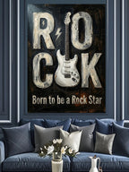 Beyaz Gitarlı Rock Born To Rock Star Kanvas Tablo
