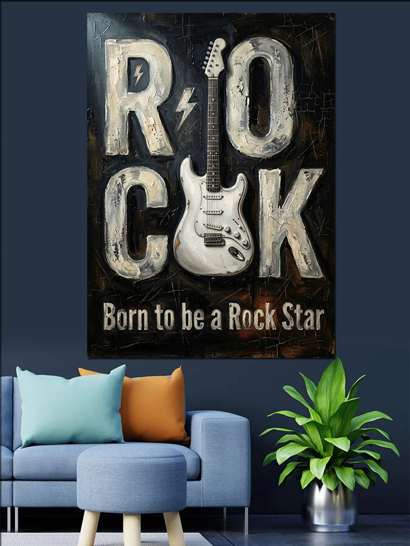Beyaz Gitarlı Rock Born To Rock Star Kanvas Tablo