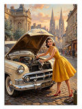 Kaputu açık klasik araba tamir eden sarı elbiseli pin-up kız retro tablo.
