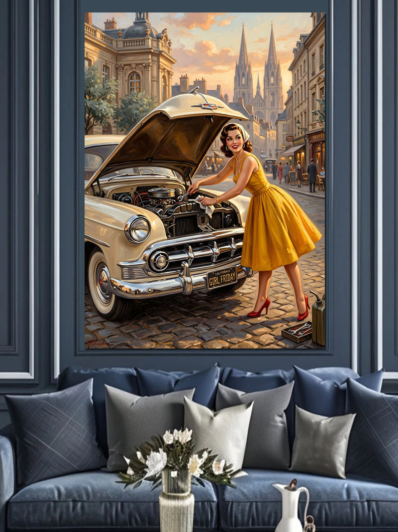 Sarı Elbiseli Pin-Up Kaput Açık Tamirci Kanvas Tablo