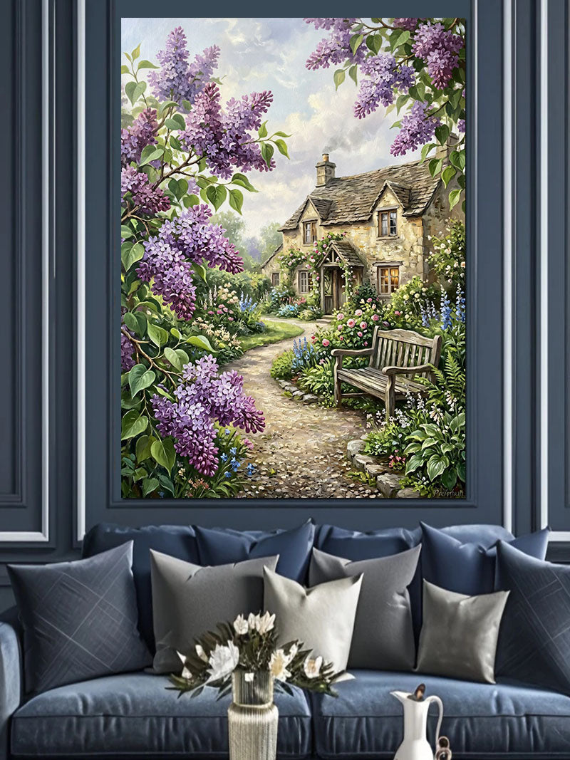 Leylak Çiçekli Taş Ev Bahçe Manzarası Kanvas Tablo