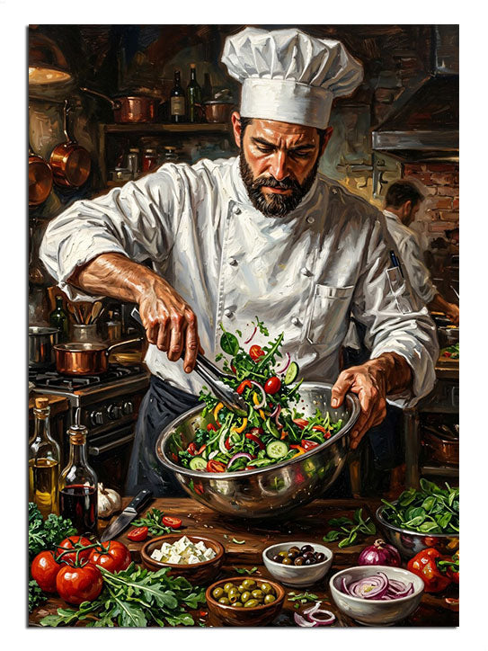 Salata hazırlayan beyaz şapkalı şef aşçı mutfak tablosu.