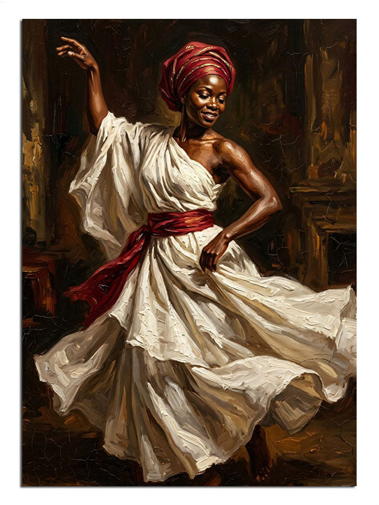 Kırmızı türban ve beyaz elbiseli dans eden Afrika kadını tablo.