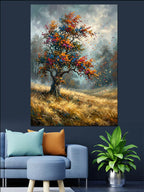 Renkli Yapraklı Sonbahar Ağacı Tarla Kanvas Tablo