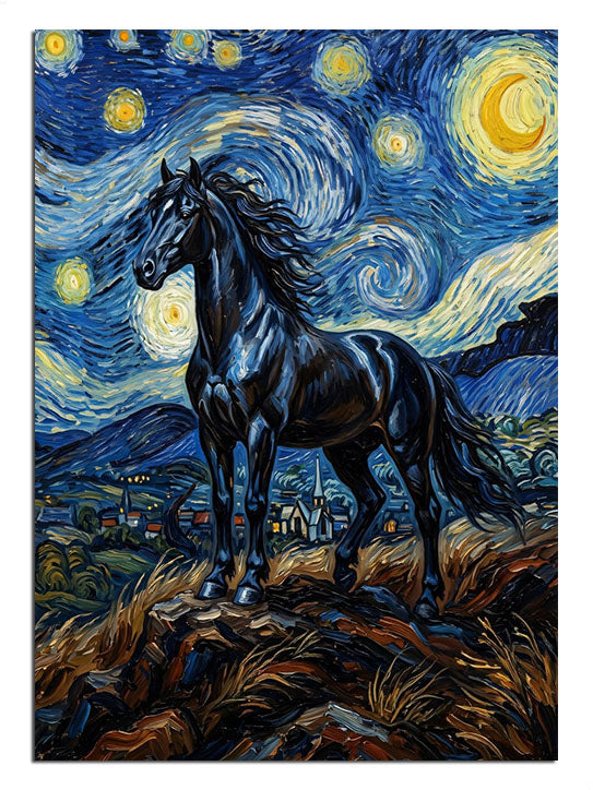 Van Gogh yıldızlı gece tarzında siyah at portresi tablo.