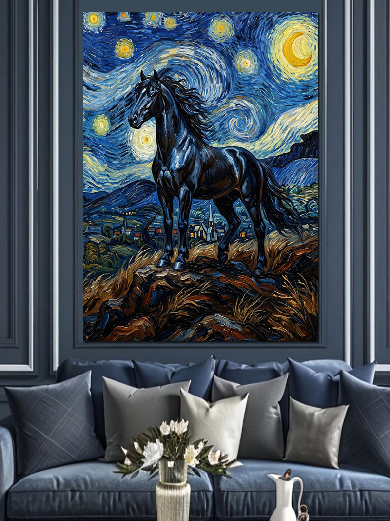 Van Gogh Tarzı Siyah At Yıldızlı Gece Kanvas Tablo