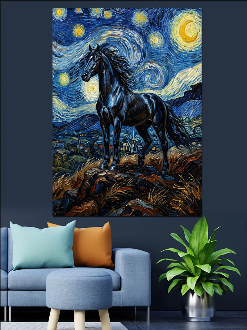 Van Gogh Tarzı Siyah At Yıldızlı Gece Kanvas Tablo