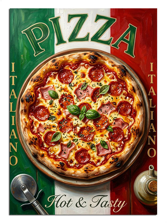 PIZZA ITALIANO Hot & Tasty yazılı pizza posteri mutfak tablosu.