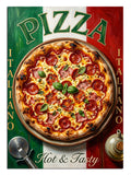 PIZZA ITALIANO Hot & Tasty yazılı pizza posteri mutfak tablosu.