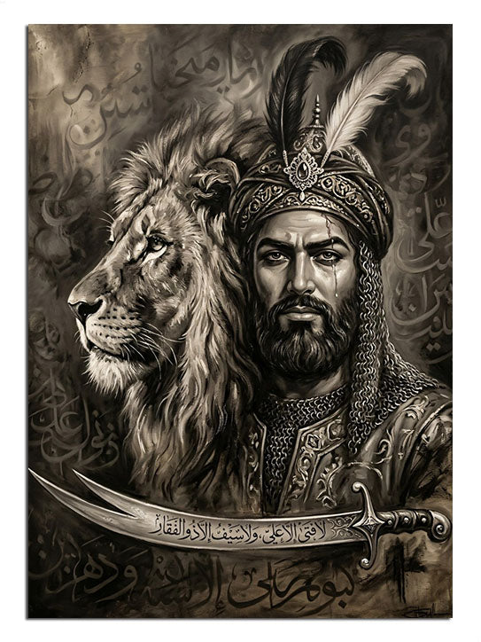 Aslan ve kılıçlı Osmanlı komutanı yan yana portre tablosu.