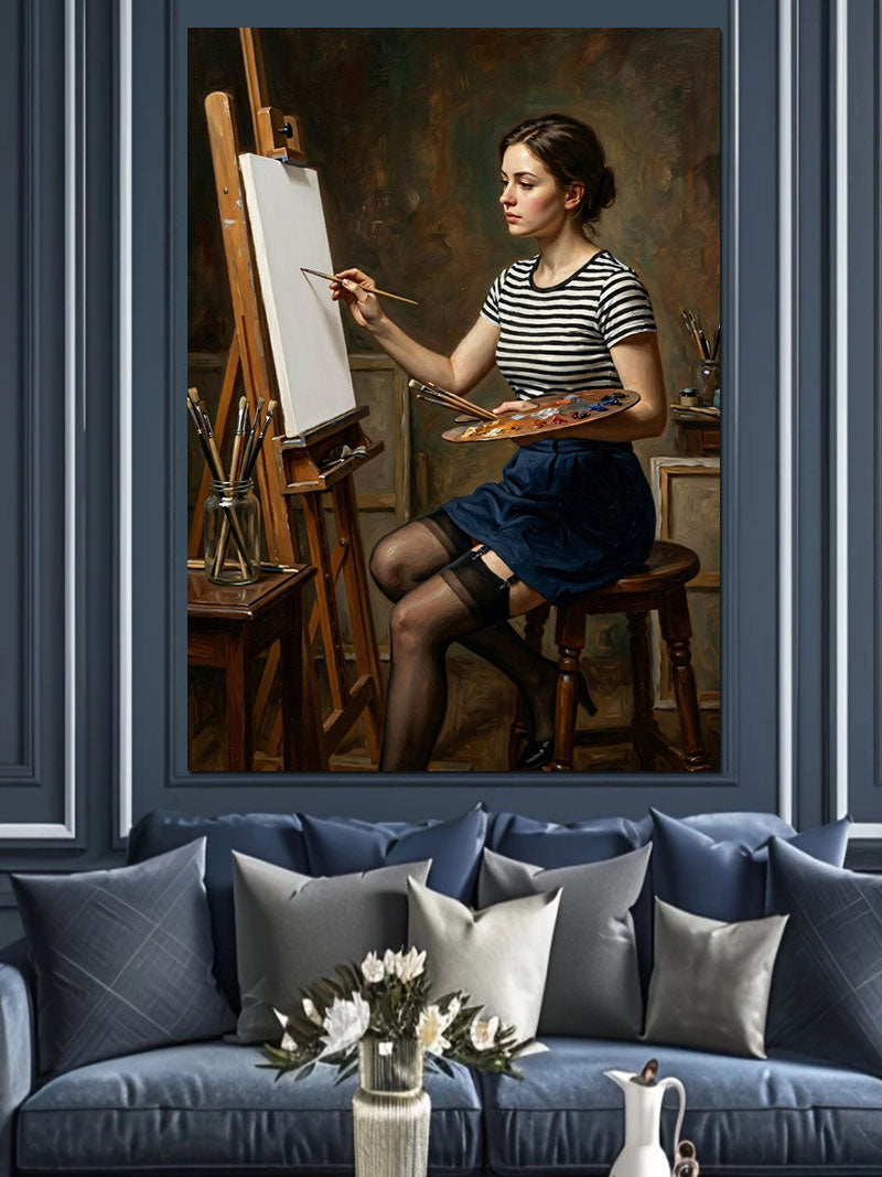 Şövale Başında Resim Yapan Kadın Ressam Kanvas Tablo