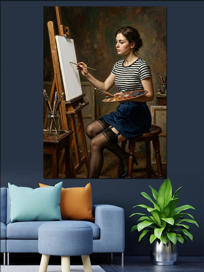 Şövale Başında Resim Yapan Kadın Ressam Kanvas Tablo