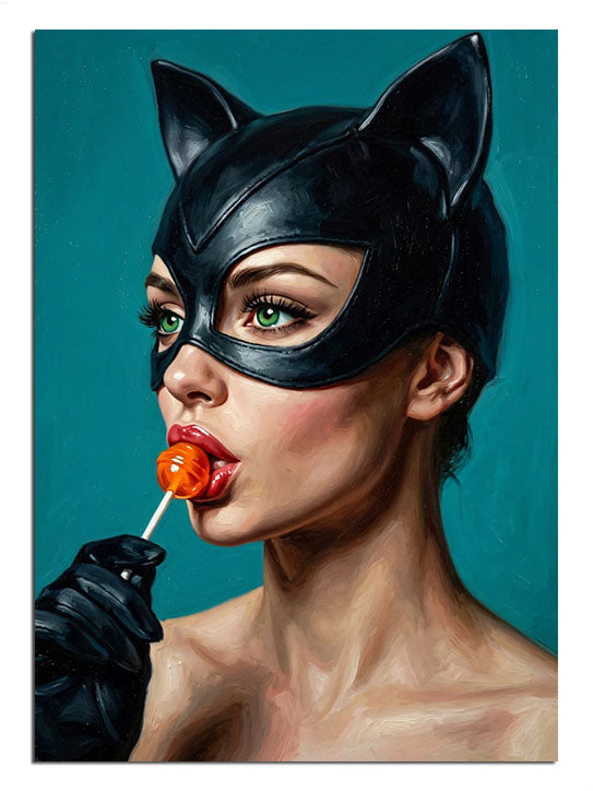 Kedi kulaklı maskeli ve lolipop yalayan kadın pop-art tablo.