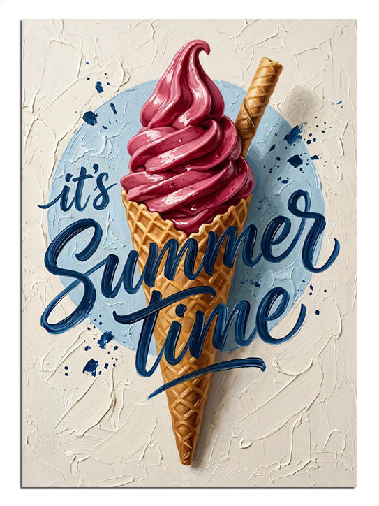 It's Summer Time yazılı pembe dondurma külahı yaz tablosu.