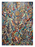 Renkli surreal yüzler ve şehir kolajı soyut sanat tablosu.