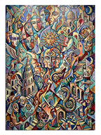 Renkli surreal yüzler ve şehir kolajı soyut sanat tablosu.