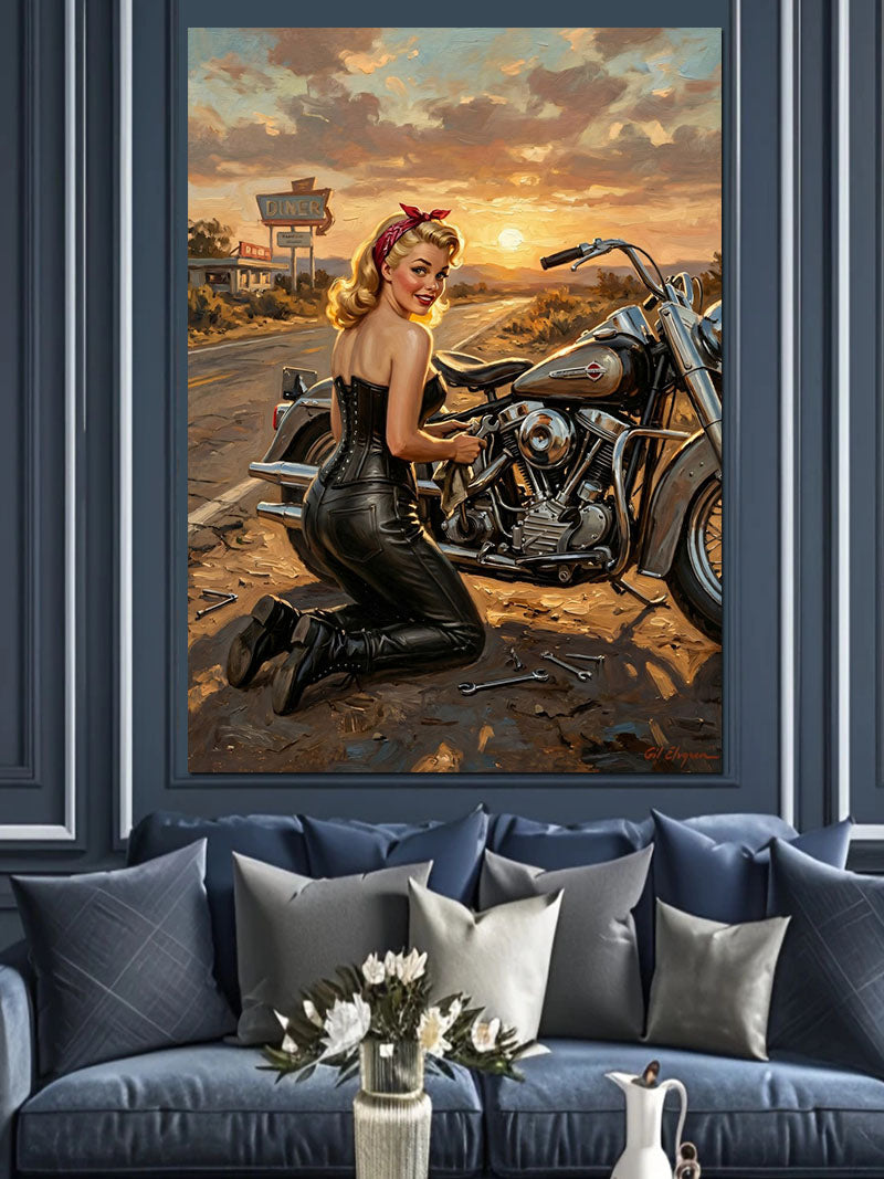 Motosiklet Tamir Eden Pin-Up Kadın Kanvas Tablo