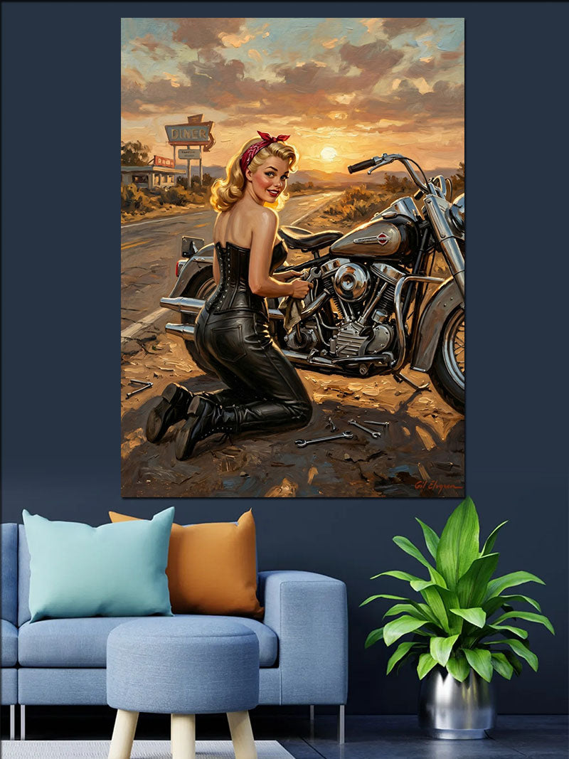 Motosiklet Tamir Eden Pin-Up Kadın Kanvas Tablo