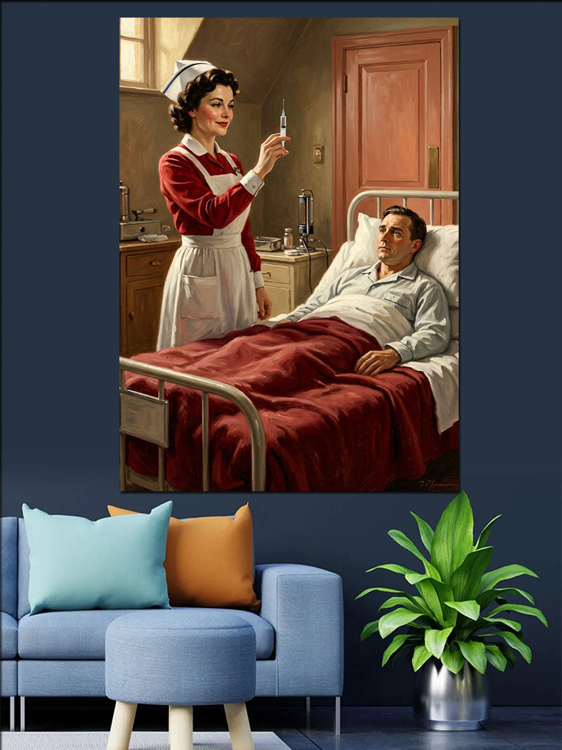 Hastaya İğne Yapan Hemşire Vintage Kanvas Tablo