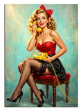 Sarı telefonla konuşan kırmızı elbiseli sarışın pin-up kız retro tablo.