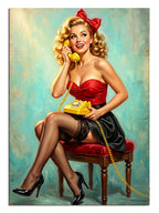 Sarı telefonla konuşan kırmızı elbiseli sarışın pin-up kız retro tablo.