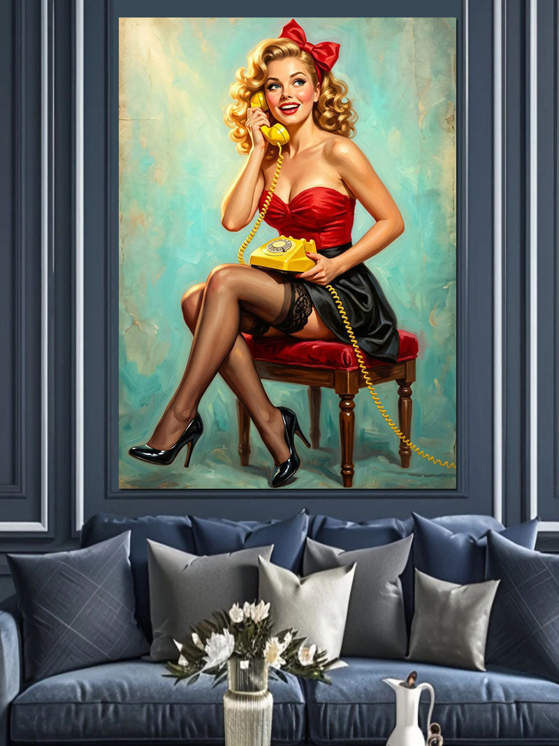 Sarı Telefonlu Kırmızı Elbiseli Pin-Up Kanvas Tablo