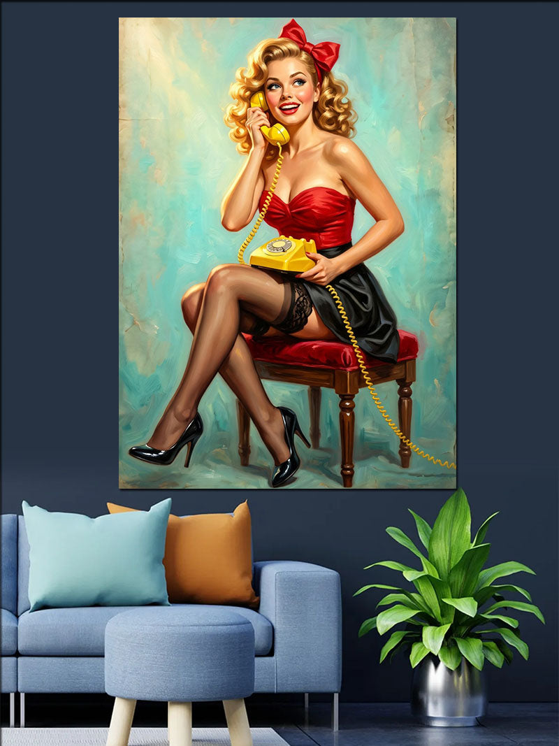 Sarı Telefonlu Kırmızı Elbiseli Pin-Up Kanvas Tablo