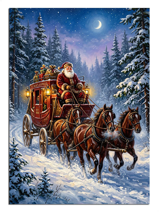 Karlı ormanda Noel Baba ve atlı fayton yılbaşı manzarası tablosu.