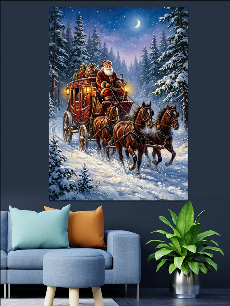 Karlı Ormanda Noel Baba Atlı Fayton Kanvas Tablo