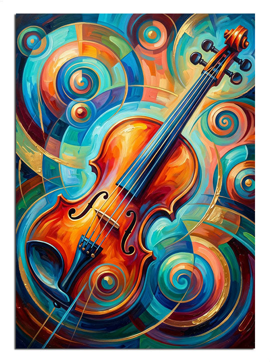 Renkli soyut daireler arasında turuncu keman müzik tablosu.