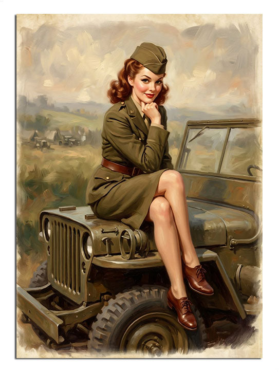Askeri jeep üstünde oturan üniformalı pin-up kadın retro tablo.