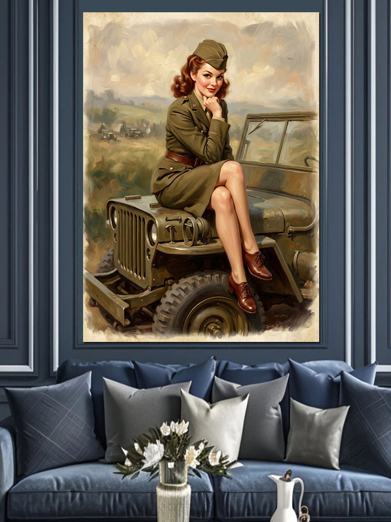 Askeri Jeep Üstünde Pin-Up Kadın Kanvas Tablo