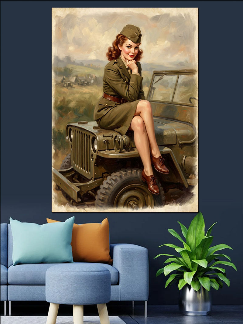 Askeri Jeep Üstünde Pin-Up Kadın Kanvas Tablo