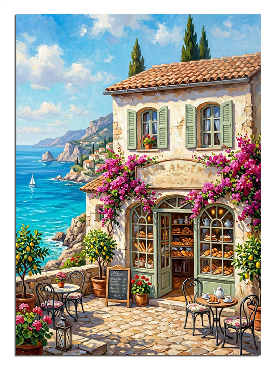 Çiçekli balkonlu sahil cafe ve deniz manzarası tablo.