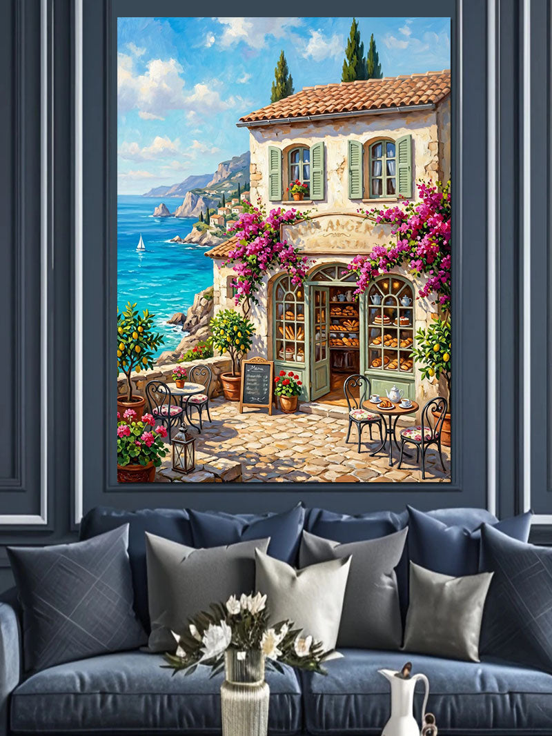 Çiçekli Balkonlu Sahil Cafe Manzarası Kanvas Tablo