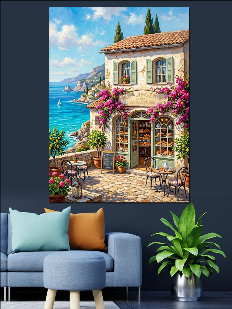 Çiçekli Balkonlu Sahil Cafe Manzarası Kanvas Tablo