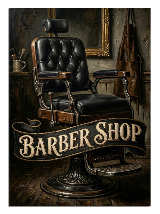 Klasik siyah berber koltuğu ve Barber Shop yazılı vintage tabela tablo.