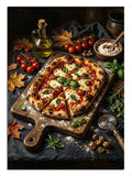 Odun kesme tahtası üzerinde domatesli pizza dilimleri mutfak tablosu.