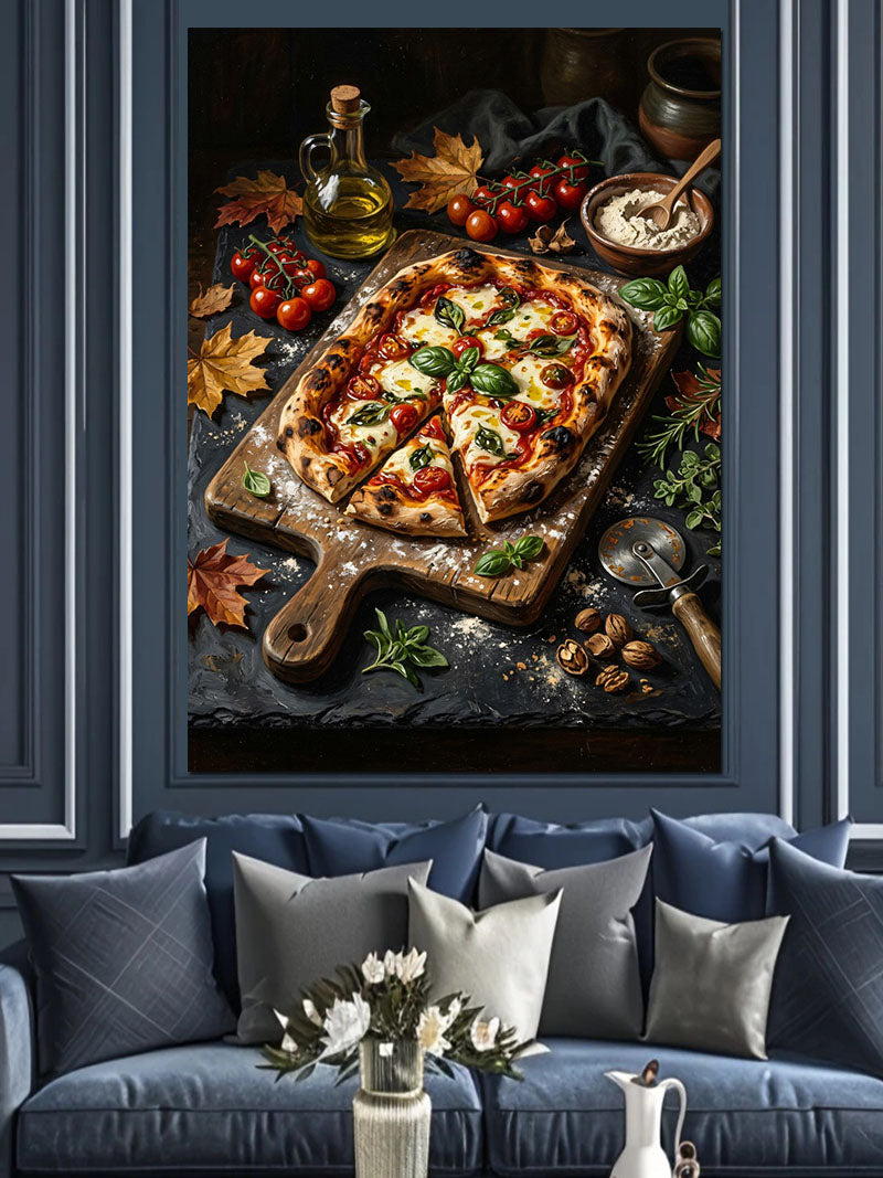 Odun Tahtada Domatesli Pizza Dilimleri Kanvas Tablo