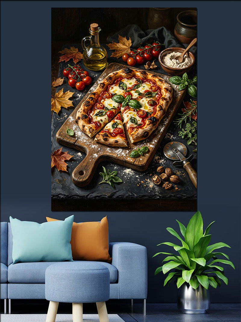 Odun Tahtada Domatesli Pizza Dilimleri Kanvas Tablo