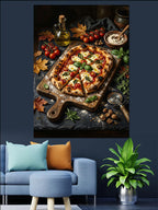 Odun Tahtada Domatesli Pizza Dilimleri Kanvas Tablo