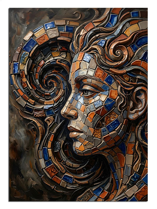 Mozaik taşlı spiral saçlı kadın portresi sanatsal tablo.