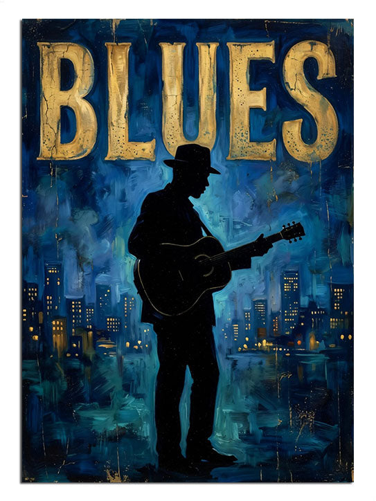 Blues yazılı gitar çalan silüet ve gece şehir ışıkları müzik tablosu.