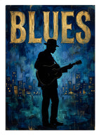 Blues yazılı gitar çalan silüet ve gece şehir ışıkları müzik tablosu.
