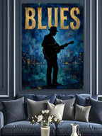 Blues Gitarlı Silüet Ve Şehir Işıkları Kanvas Tablo