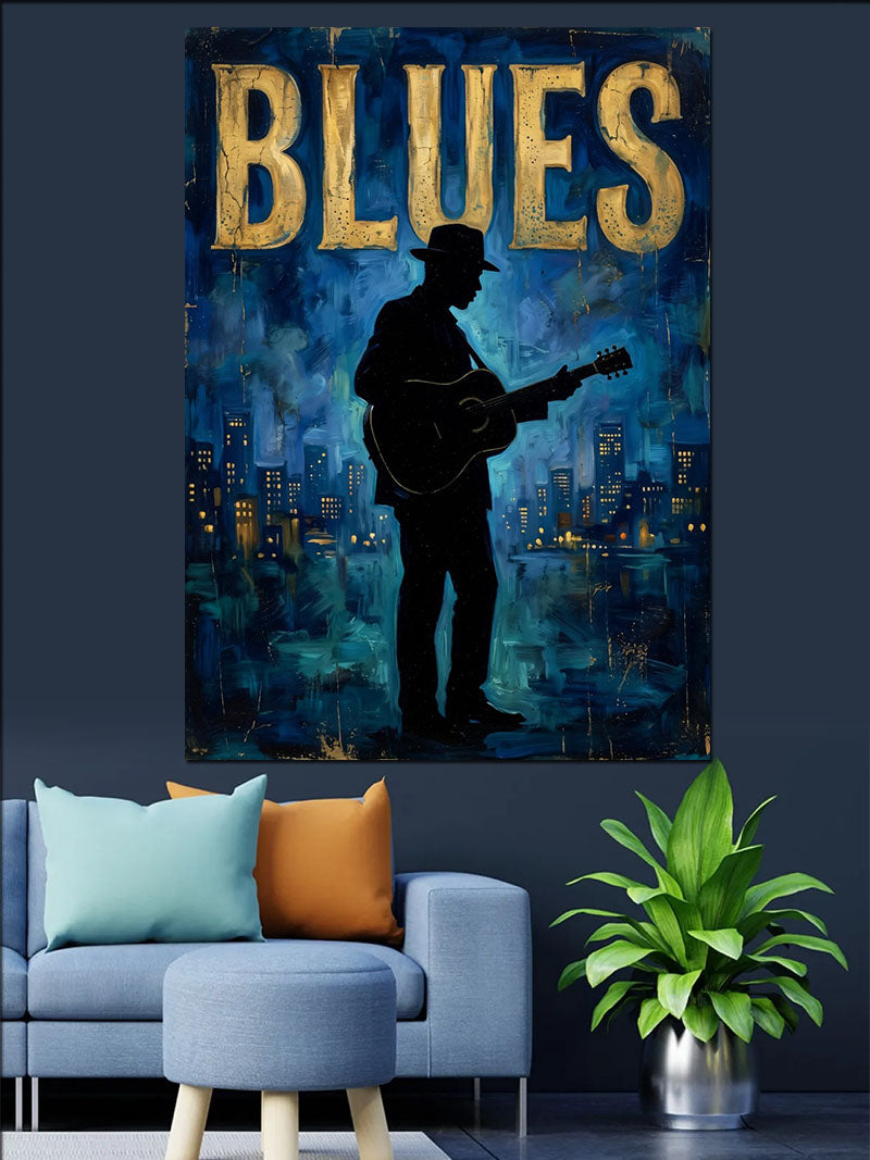 Blues Gitarlı Silüet Ve Şehir Işıkları Kanvas Tablo